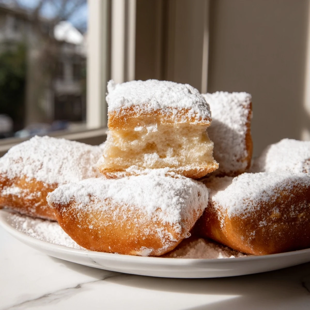 Warm Mardi Gras beignets being dusted with powdered sugar, ready for a festive bite.