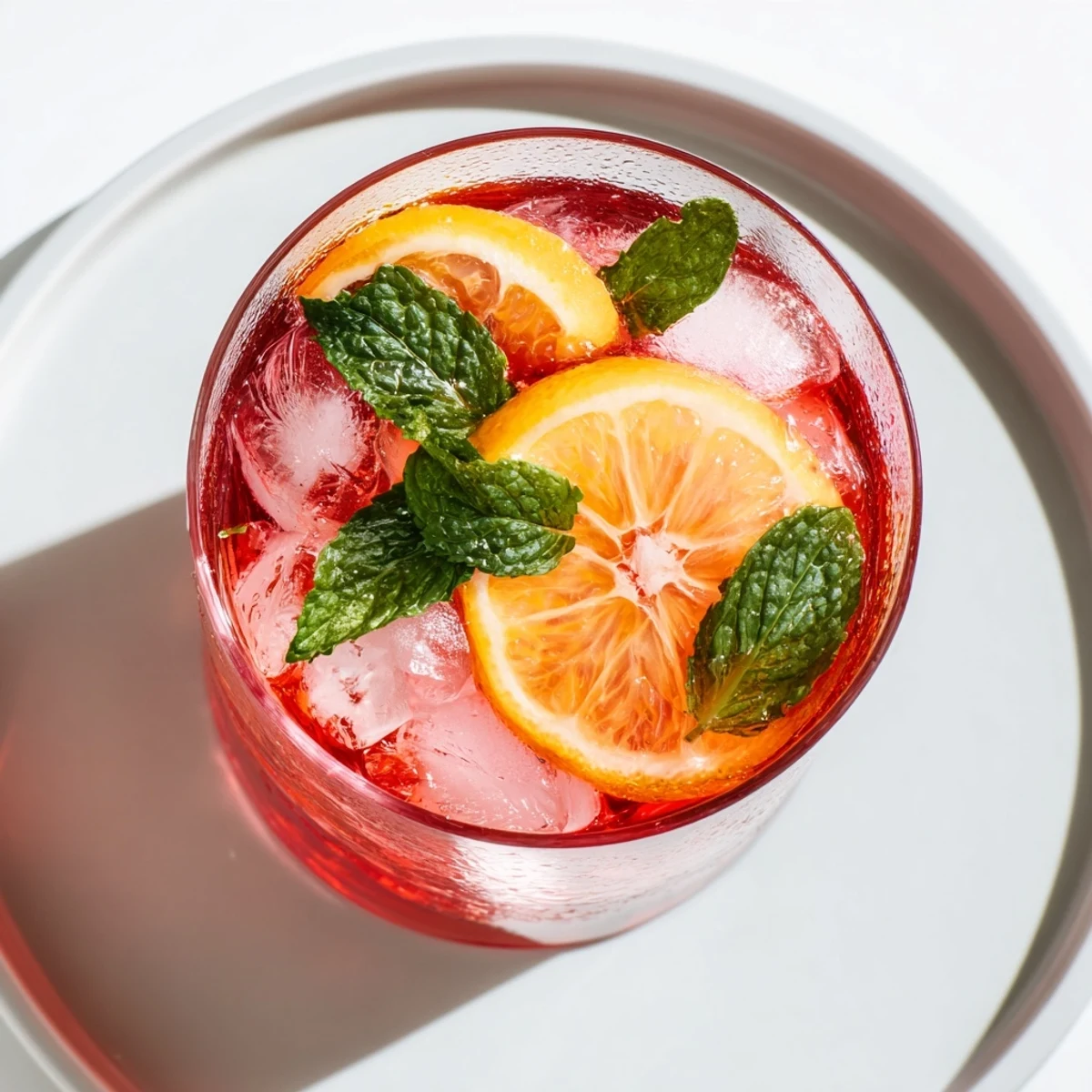 Vibrant Pink Hibiscus Iced Tea garnished with fresh orange slices and mint leaves served in a tall glass with ice.