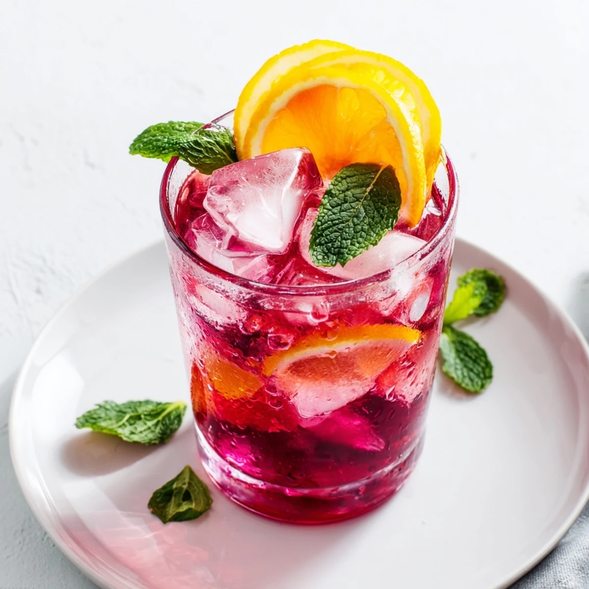 Pink Hibiscus Iced Tea in a frosty glass with lemon rounds and mint sprigs, ready for a refreshing summer beverage.