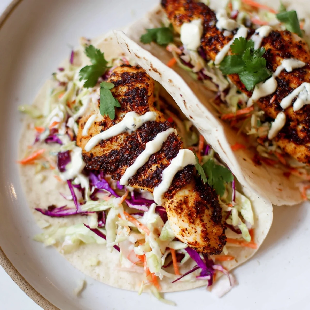 Golden-brown blackened fish nestled in warm corn tortillas, topped with colorful cabbage slaw and a drizzle of zesty crema.