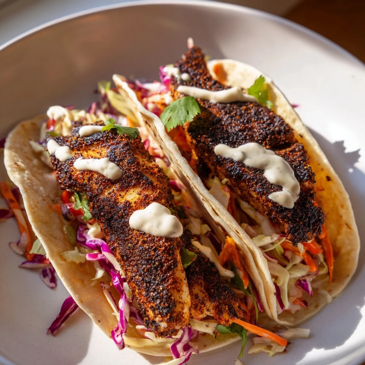 A close-up of Cajun-spiced fish tacos, garnished with fresh cilantro and served with lime wedges for squeezing.