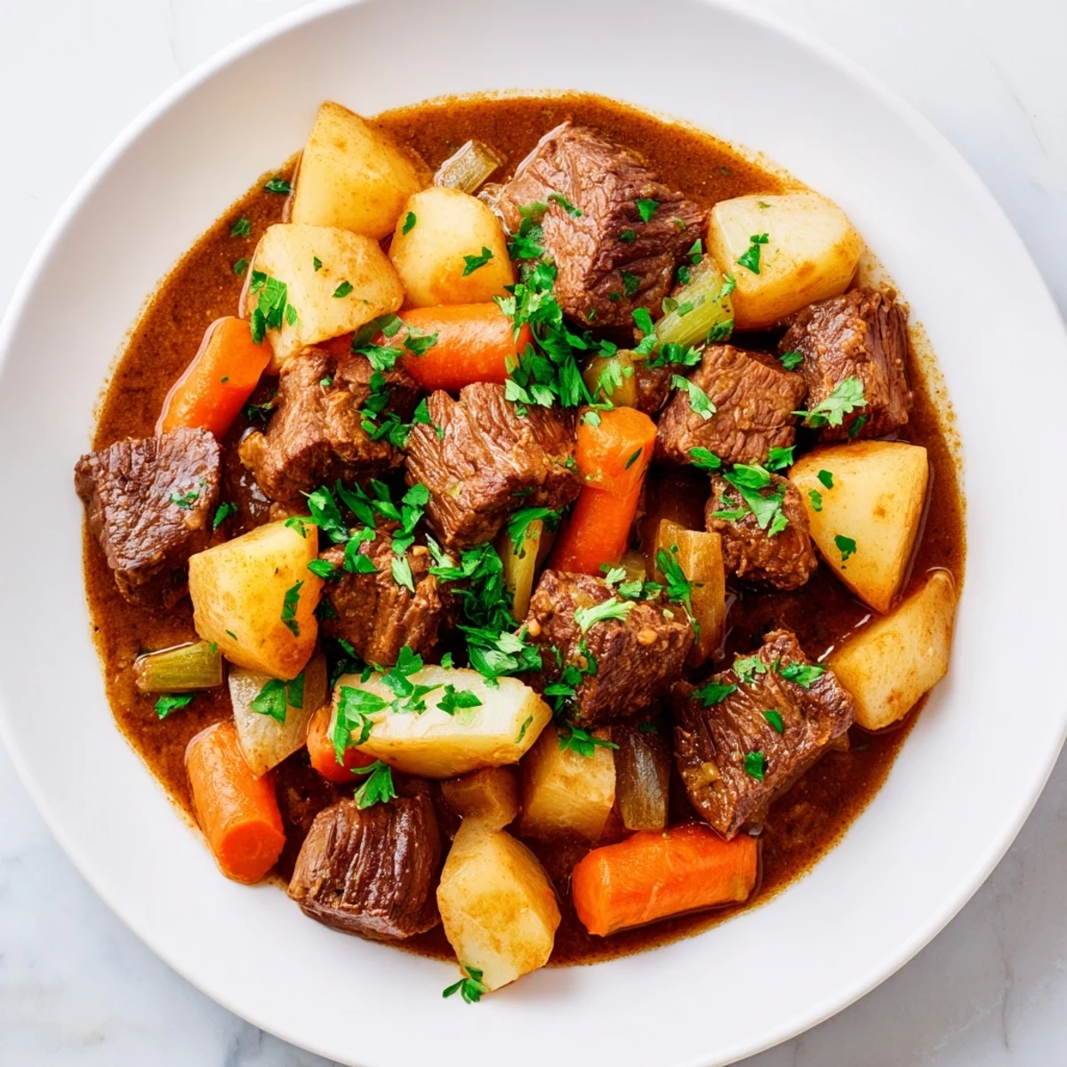 Hearty St. Patrick's Day Irish Beef Stew, featuring tender beef chunks and root vegetables simmered in a rich, dark broth.
