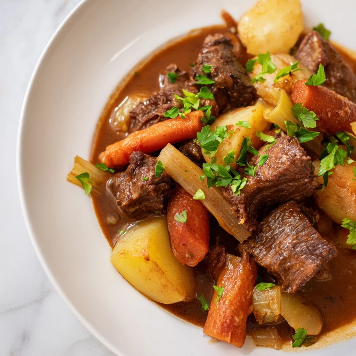 Close-up of rustic St. Patrick's Day Irish Beef Stew, highlighting savory carrots, potatoes, and succulent beef in a thick gravy.