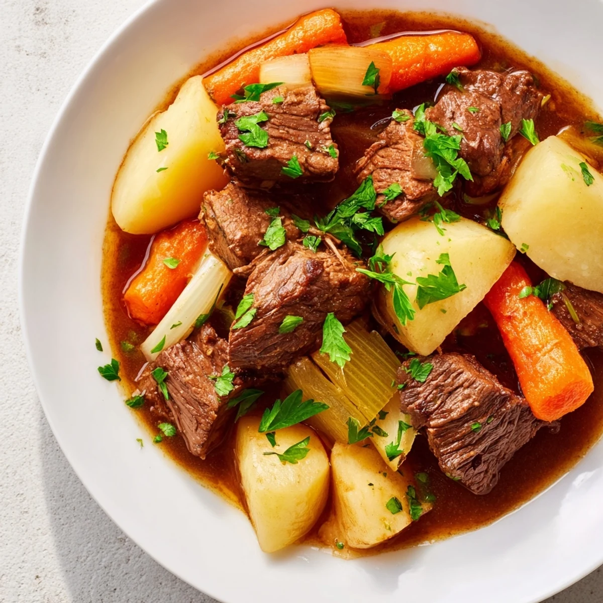 A comforting bowl of St. Patrick's Day Irish Beef Stew, garnished with fresh parsley and ready to serve with crusty bread.