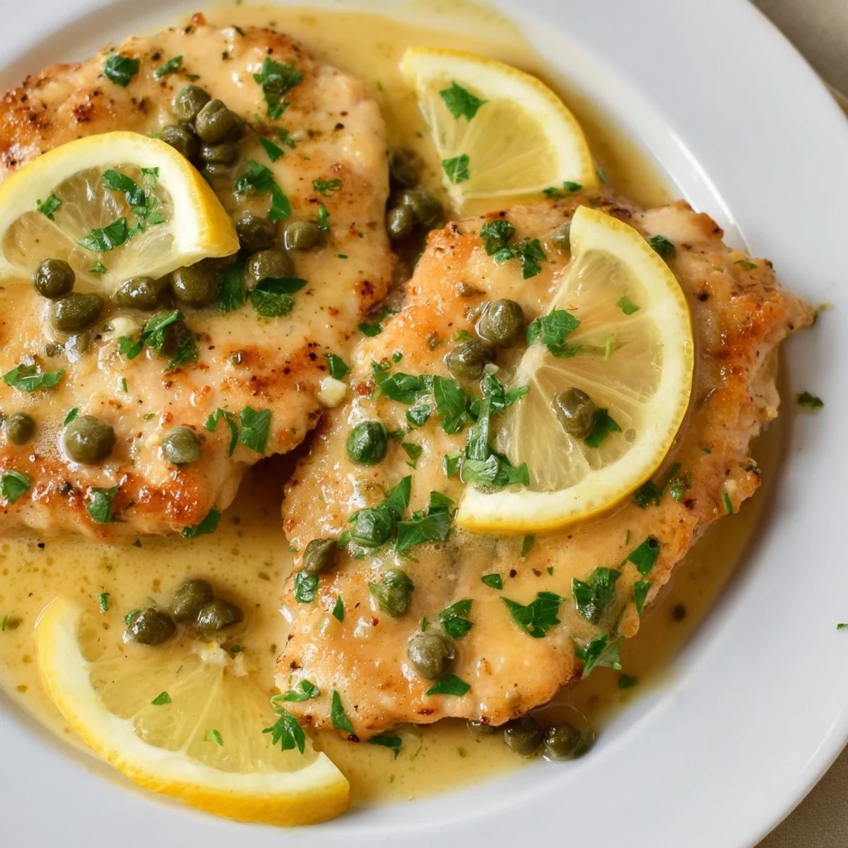 Tender chicken piccata cooked golden brown, drizzled with a zesty lemon-butter caper sauce for a romantic dinner.  