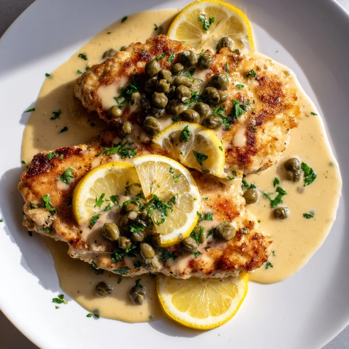A close-up of succulent chicken piccata, bright lemon slices, and briny capers on a rustic plate.