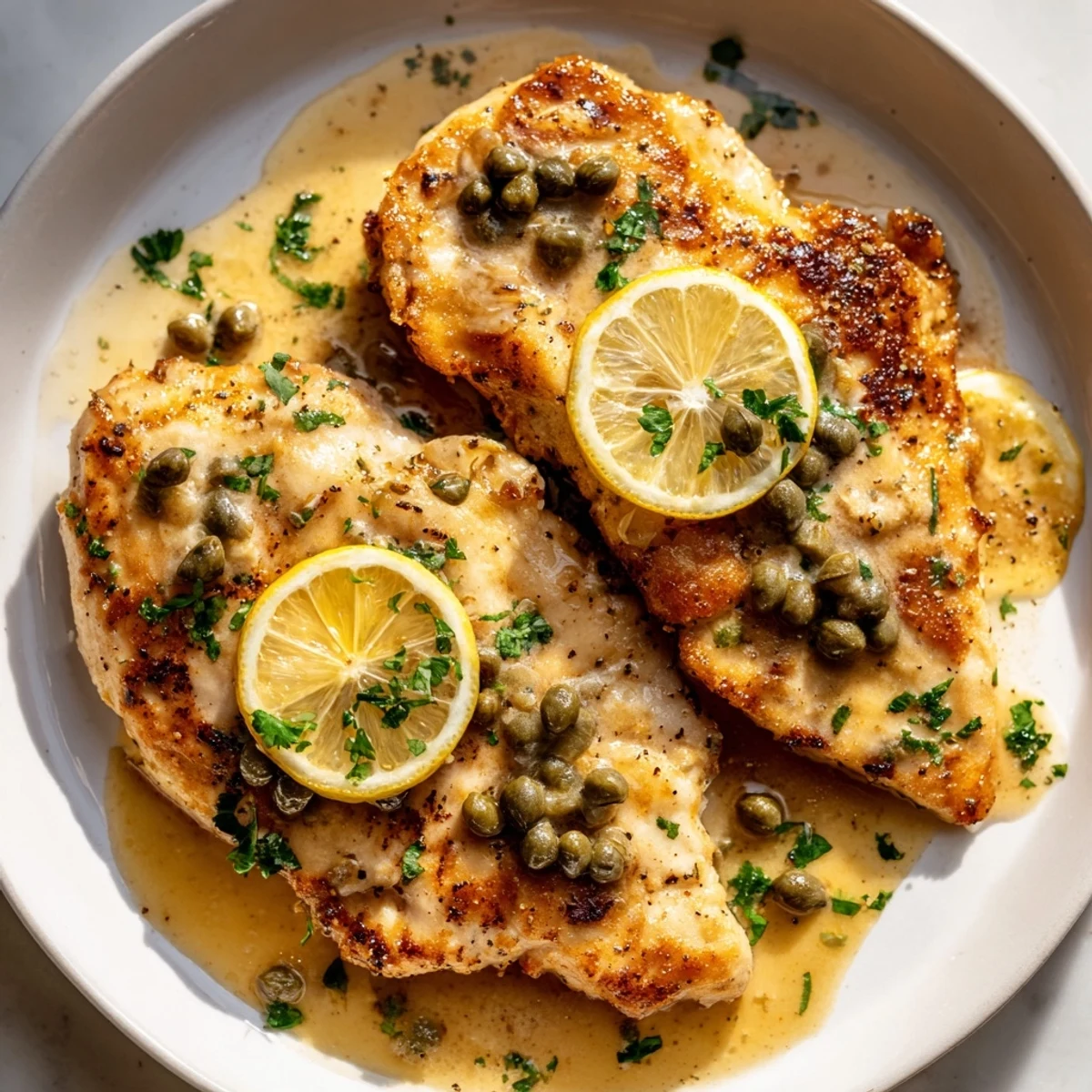 Date Night Chicken Piccata with Capers served hot over angel hair pasta, garnished with fresh parsley.  