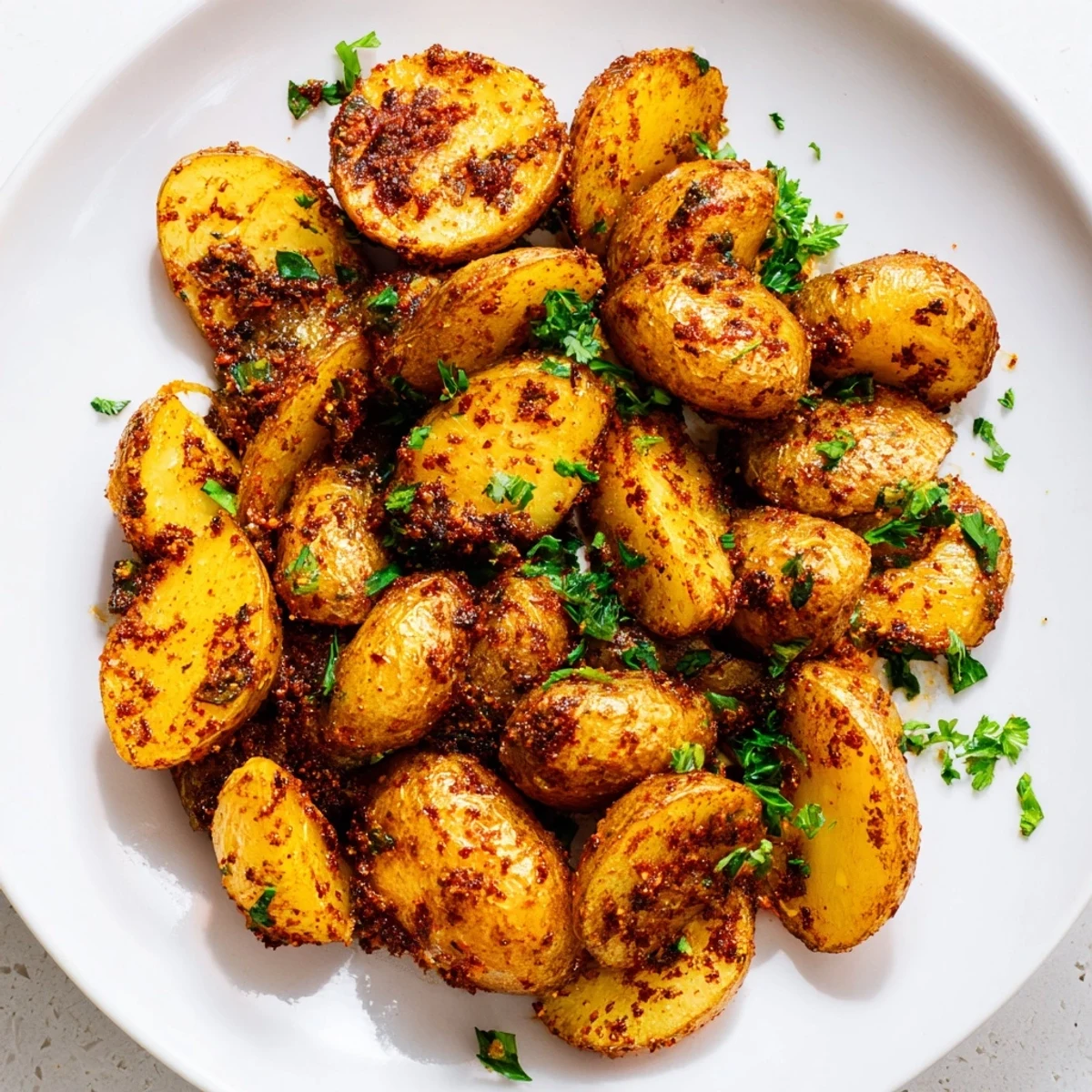Golden brown Cajun Spiced Roasted Potatoes with crispy edges and tender centers, garnished with fresh parsley and lemon wedges on a rustic platter.