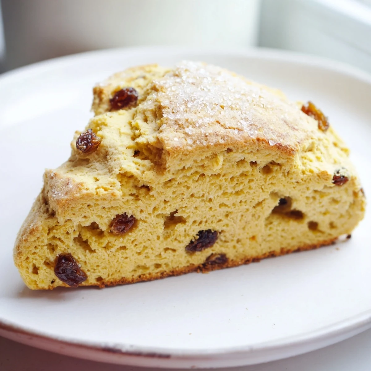 Warm, golden-brown Irish Soda Bread Scones with raisins on a rustic wooden board, served with butter and jam.