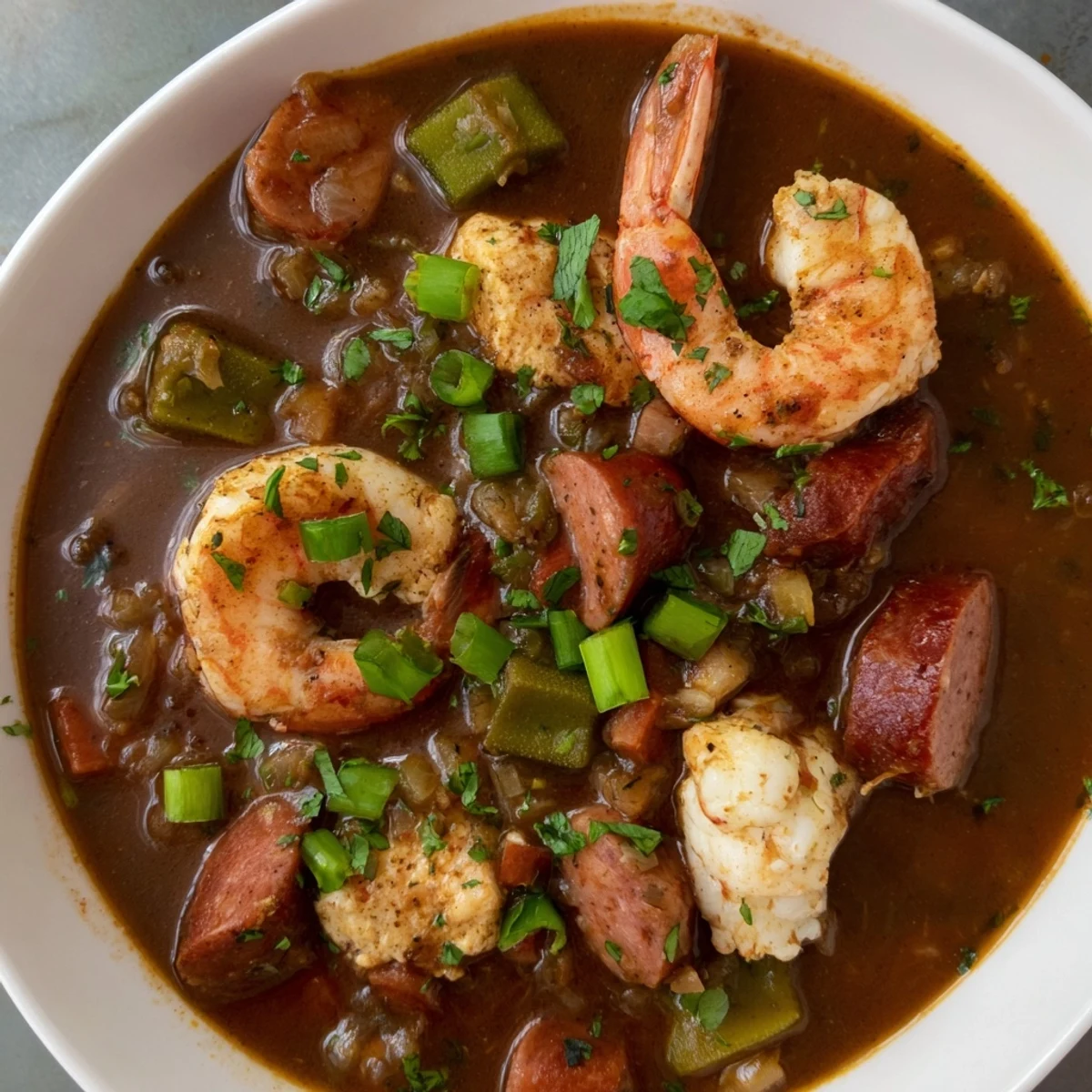 Golden-brown roux andouille sausage simmer alongside fresh okra and Gulf shrimp in a steaming Creole Seafood Gumbo.