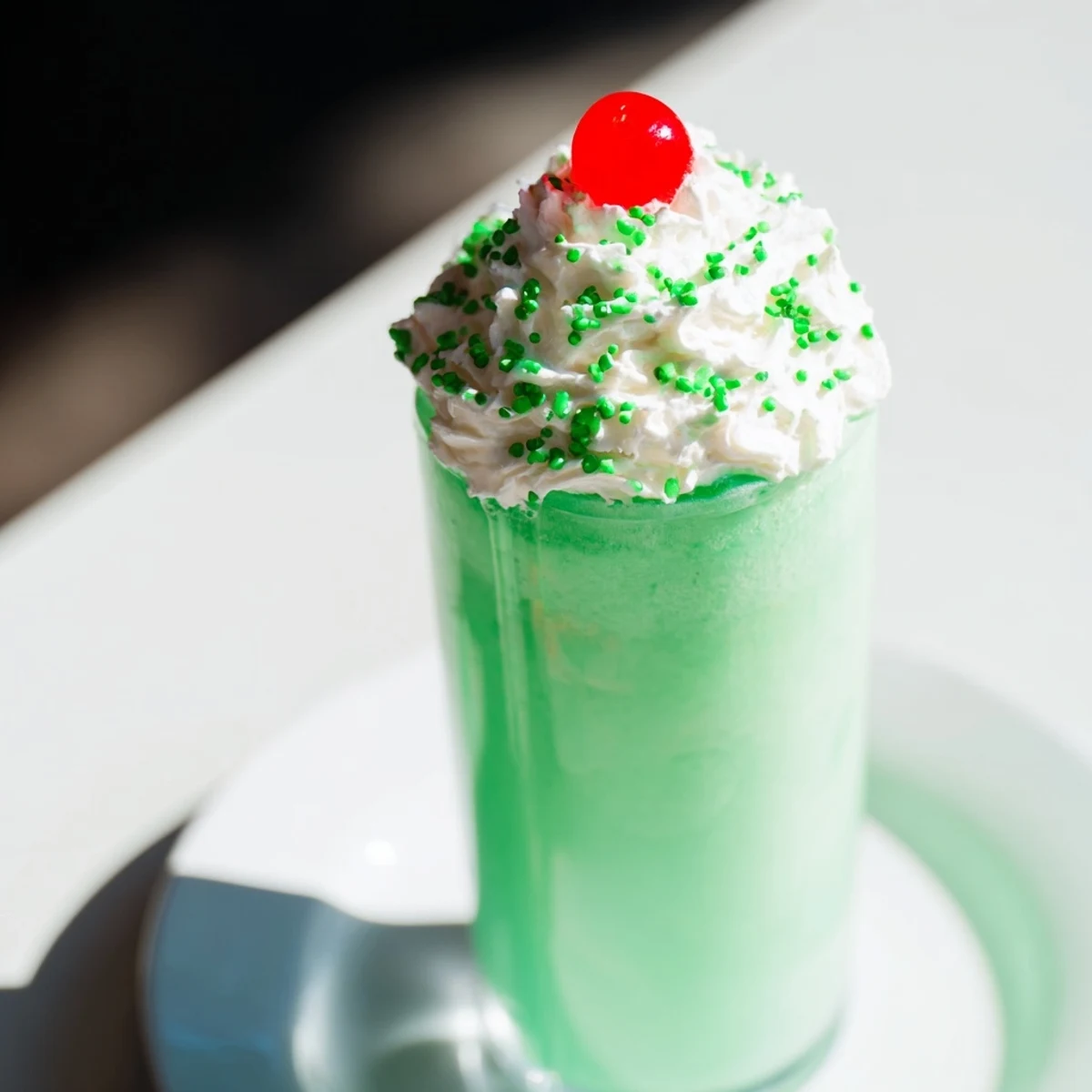 Two tall glasses of vibrant green Shamrock Mint Milkshakes, each crowned with whipped cream and a bright maraschino cherry.
