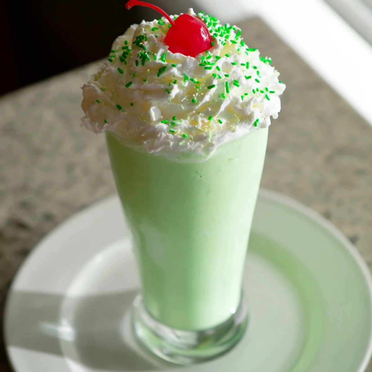 Chilled Shamrock Mint Milkshake garnished with whipped cream and a cherry, ready to enjoy as a festive dessert.