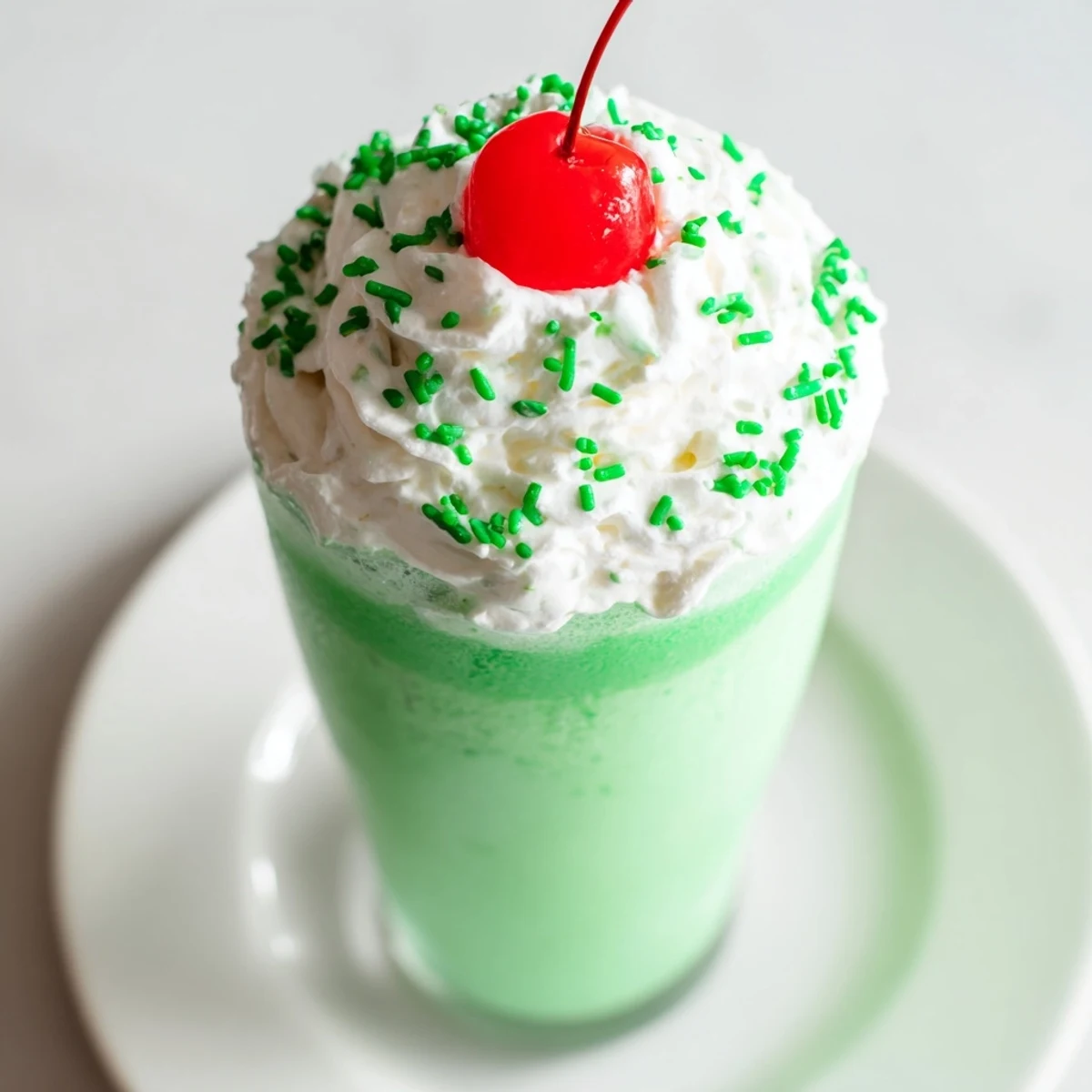 Thick and creamy Shamrock Mint Milkshake poured into a frosty glass, featuring a maraschino cherry topping.