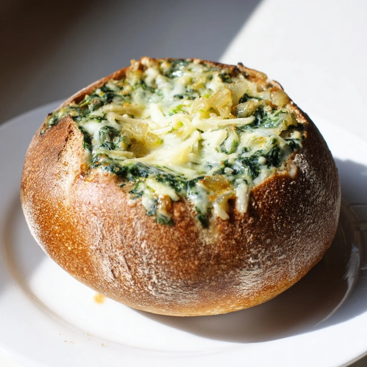 A warm, bubbly Super Bowl Spinach Dip baked inside a crusty sourdough bread bowl, ready for game day.