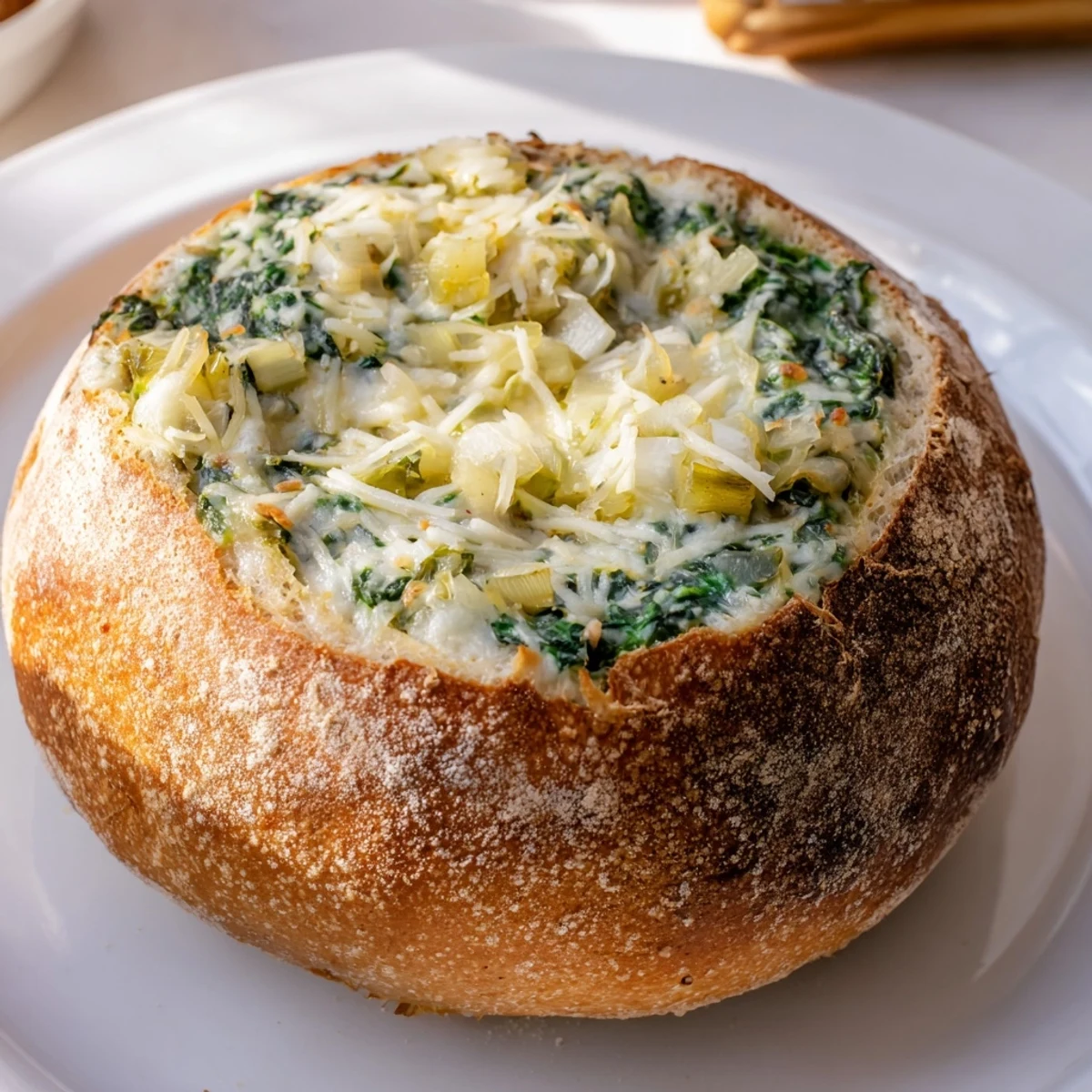 Golden, cheesy Super Bowl Spinach Dip served from a hollowed sourdough loaf with bread cubes for dipping.