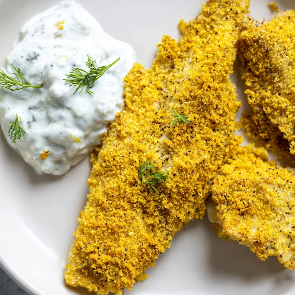 Golden-fried Louisiana Style Fried Catfish fillets with crispy cornmeal crust, paired with creamy homemade tartar sauce for dipping.