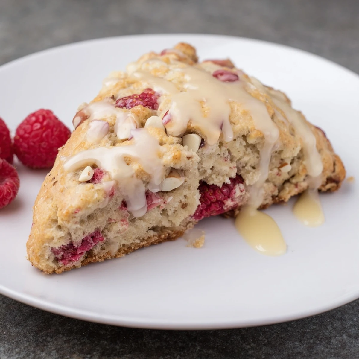 Freshly baked Raspberry White Chocolate Scones with a glistening vanilla glaze on a cooling rack, ready for brunch.