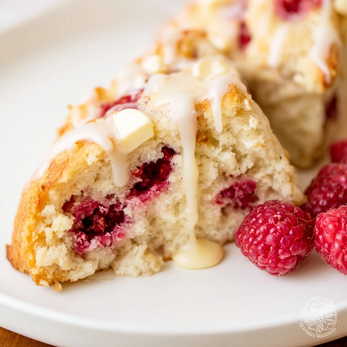 Golden Raspberry White Chocolate Scones drizzled with sweet glaze, served on a rustic plate alongside a cup of tea.