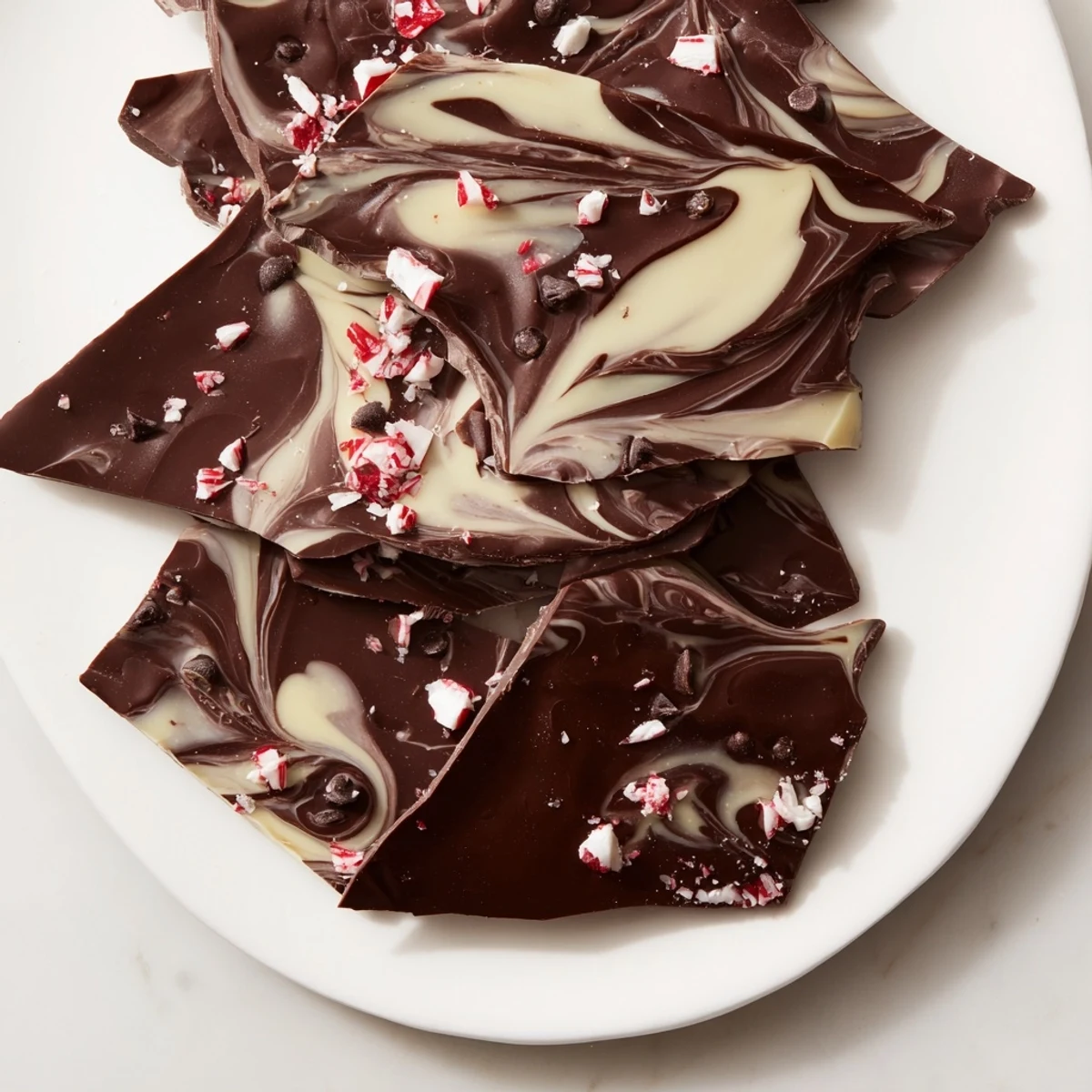 This Mint Chocolate Bark with White Chocolate Swirl features glossy dark chocolate, cool peppermint, and creamy white chocolate marbled on top.  