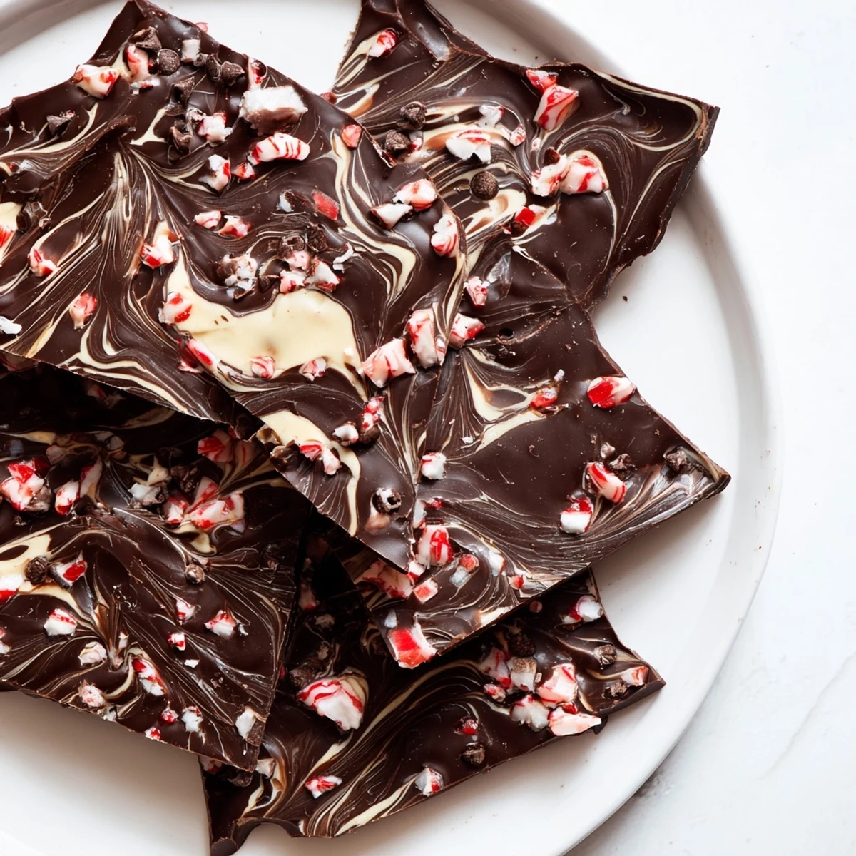 Festive Mint Chocolate Bark with White Chocolate Swirl, ideal for holiday snacking and gifting alongside steaming hot cocoa.