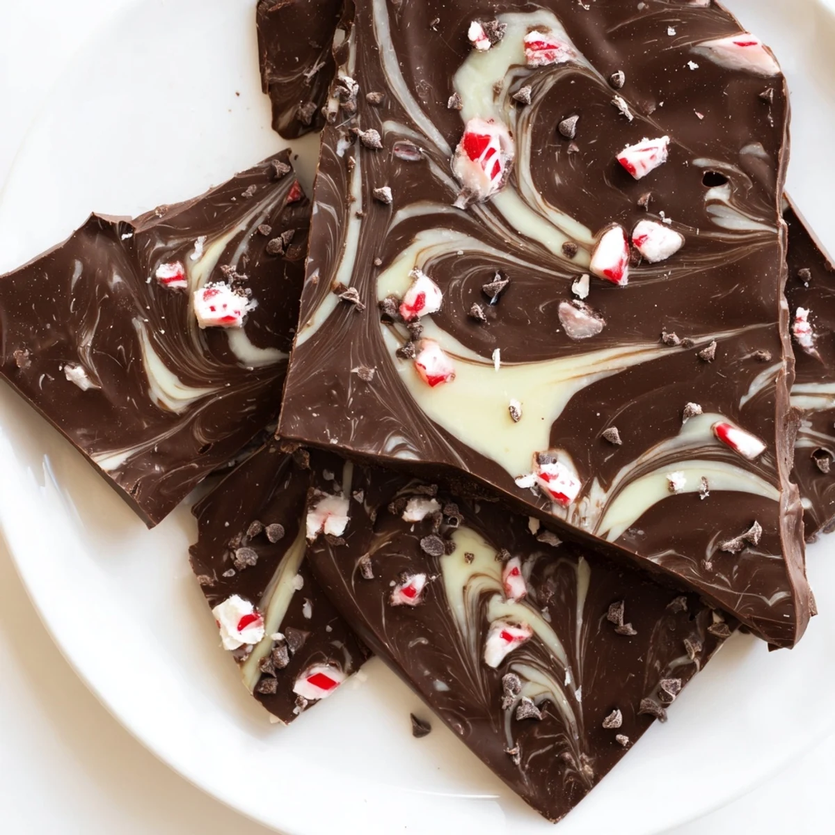 A close-up view of broken Mint Chocolate Bark pieces showing peppermint candy cane bits and smooth white chocolate swirls.  