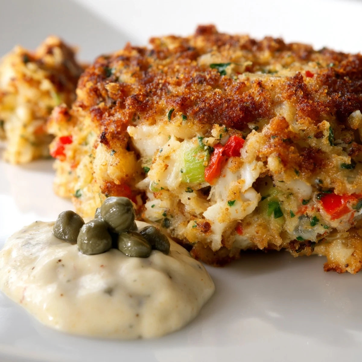 A close-up of Cajun Crab Cakes with Remoulade Sauce, showing a tender, flaky crab interior.