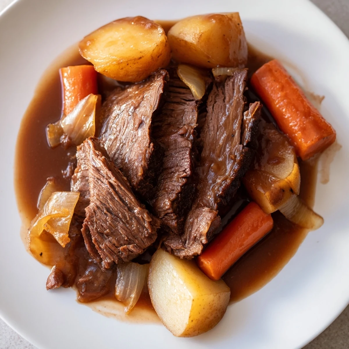 Golden-brown Irish Beef Pot Roast with carrots and potatoes, smothered in rich dark gravy.