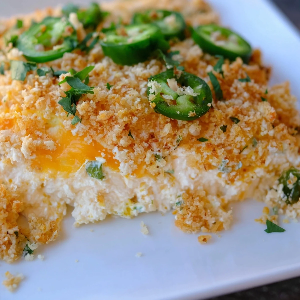 Freshly baked Jalapeño Popper Dip with Cream Cheese, topped with crispy panko breadcrumbs and vibrant chopped parsley garnish.