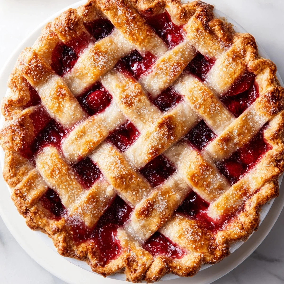 Freshly baked Cherry Pie with Lattice Crust is displayed on a rustic wooden table, featuring a golden-brown woven top and vibrant red filling.