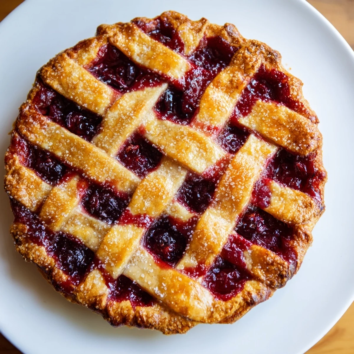 A slice of warm Cherry Pie with Lattice Crust rests on a white plate, topped with a scoop of melting vanilla ice cream and a fork.