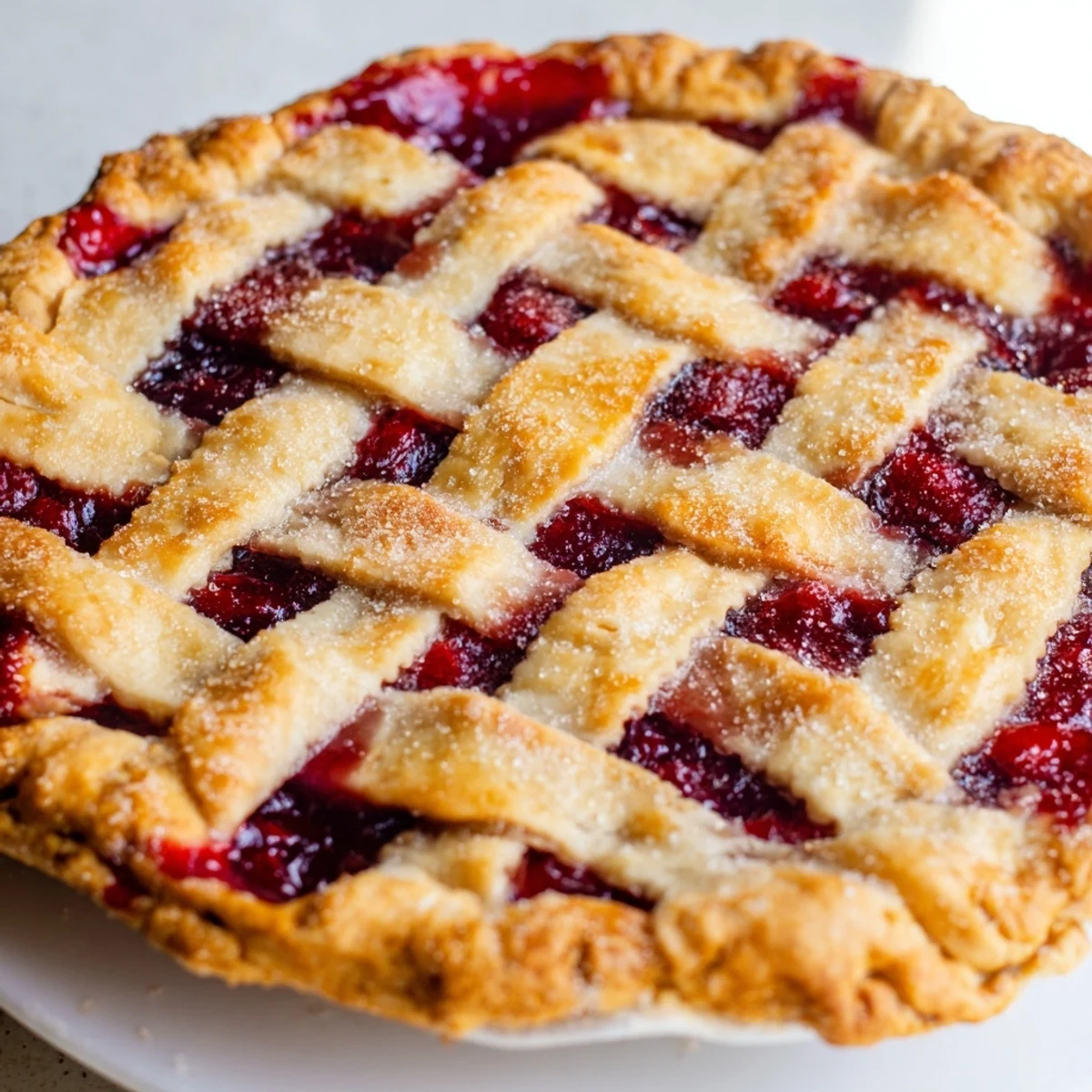 Close-up of a homemade Cherry Pie with Lattice Crust revealing the syrupy cherry filling and flaky, sugar-speckled crust on a blue linen background.