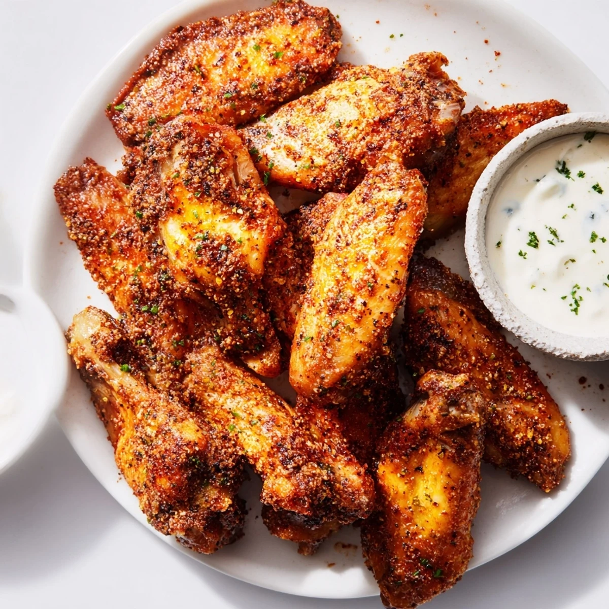 A close-up of Spicy Chicken Wings with Ranch Dressing highlights juicy meat and a creamy ranch drizzle, ideal for party platters.