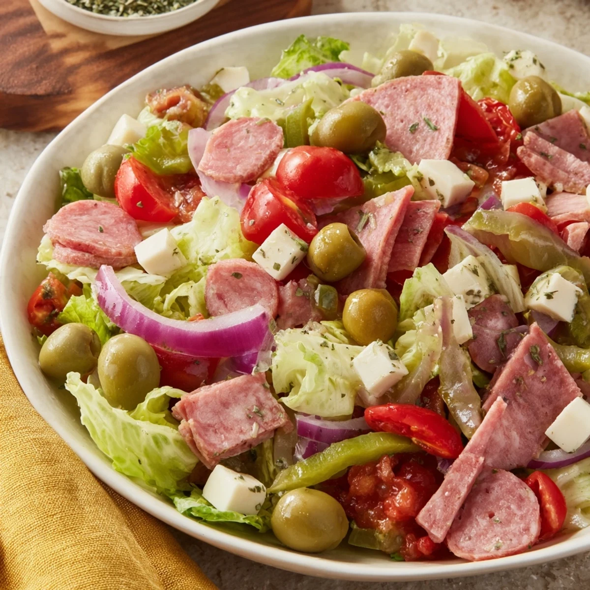 A close view of New Orleans Muffuletta Salad, featuring marinated olives and savory Italian deli meats on crisp greens.