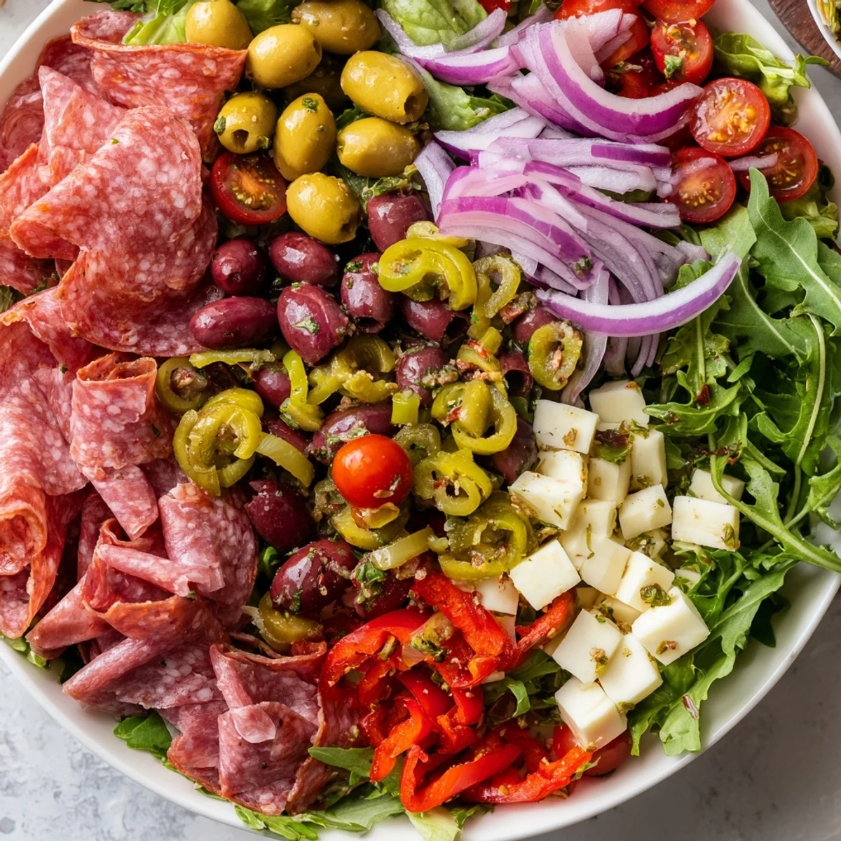 Vibrant New Orleans Muffuletta Salad in a white bowl, loaded with chopped romaine, arugula, cherry tomatoes, and roasted red peppers.