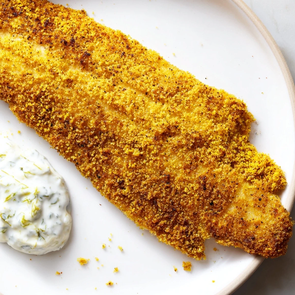 Golden-brown Louisiana Style Fried Catfish, seasoned with Cajun spices, rests beside tangy tartar sauce and fresh parsley garnish.