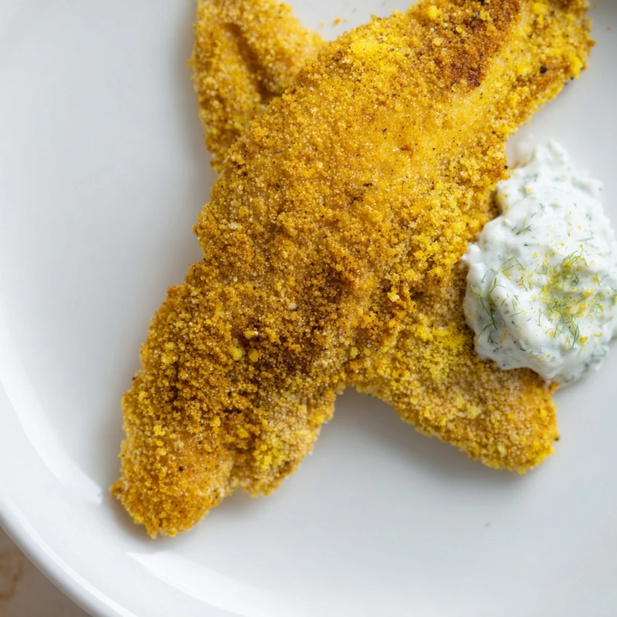 Close-up of crunchy Louisiana Style Fried Catfish with flaky interior, accompanied by creamy tartar sauce and sliced lemons.
