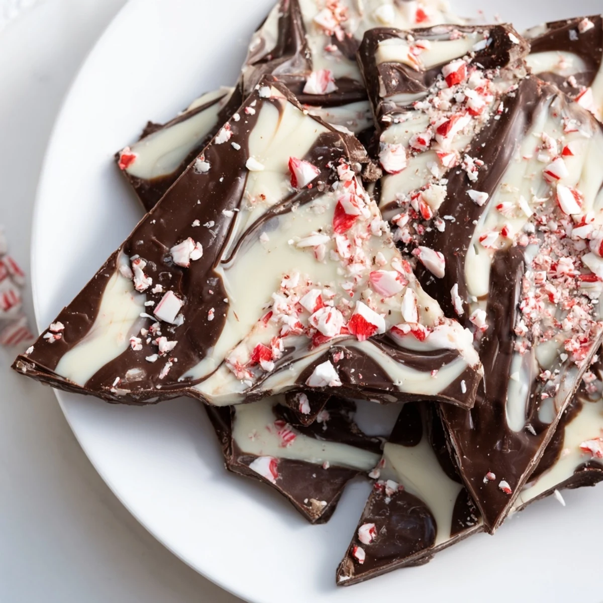 Dark chocolate peppermint bark with white chocolate swirls, broken into rustic shards and sprinkled with crushed candy canes for a festive crunch.  