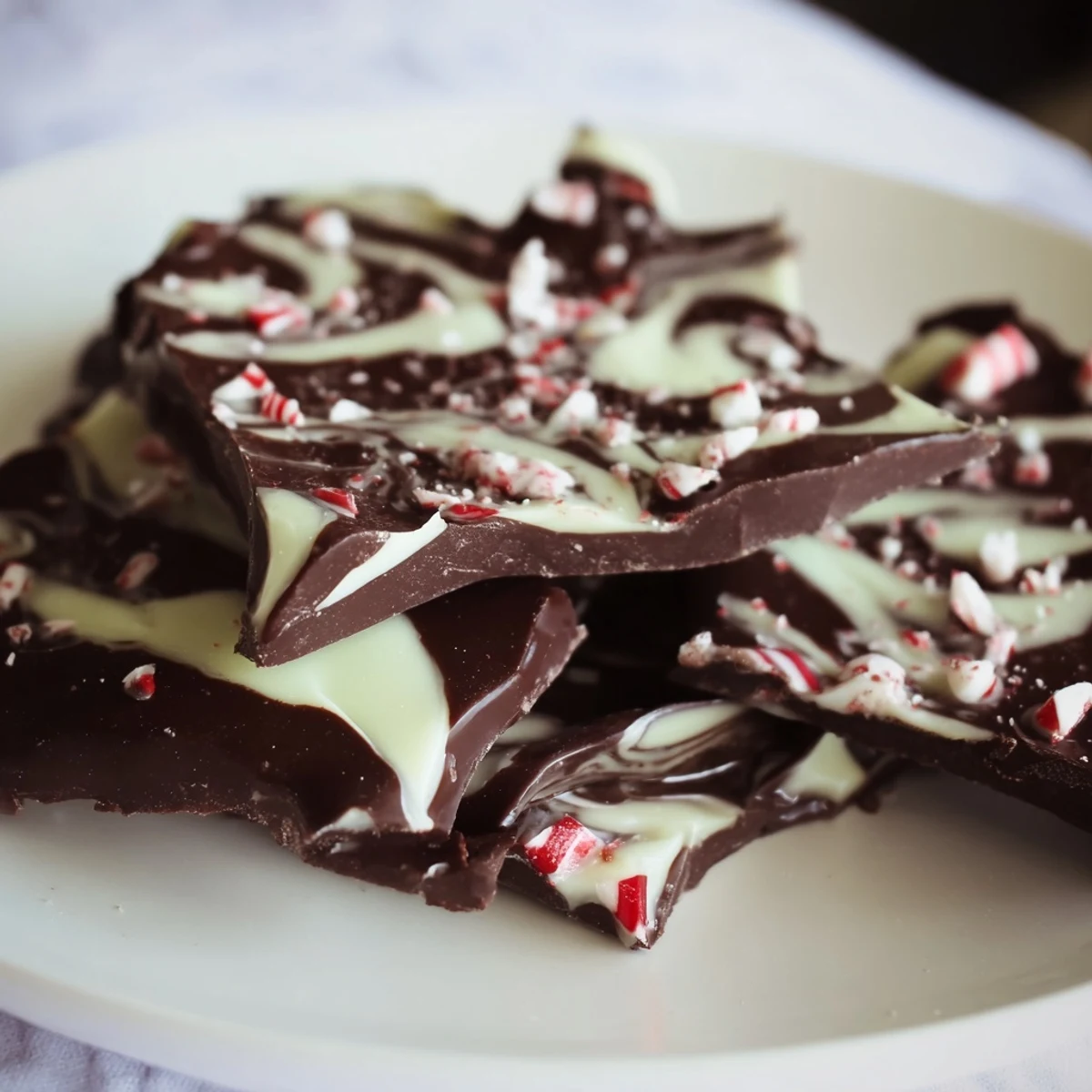 Homemade mint chocolate bark with glossy white chocolate swirls, broken into generous pieces perfect for holiday gift boxes or sweet cravings.