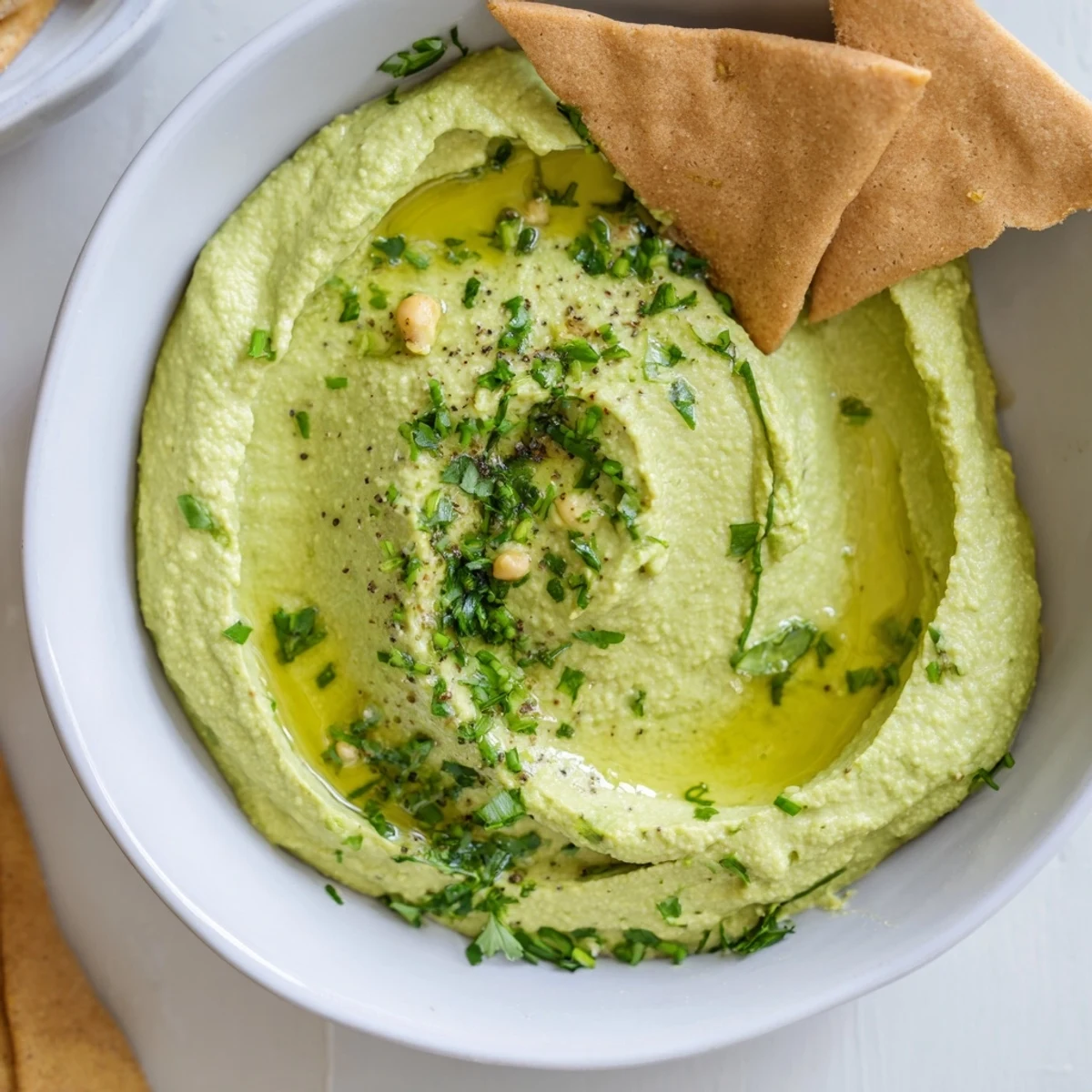 A vibrant bowl of Green Avocado Hummus topped with olive oil, served alongside golden, homemade pita chips for dipping.  