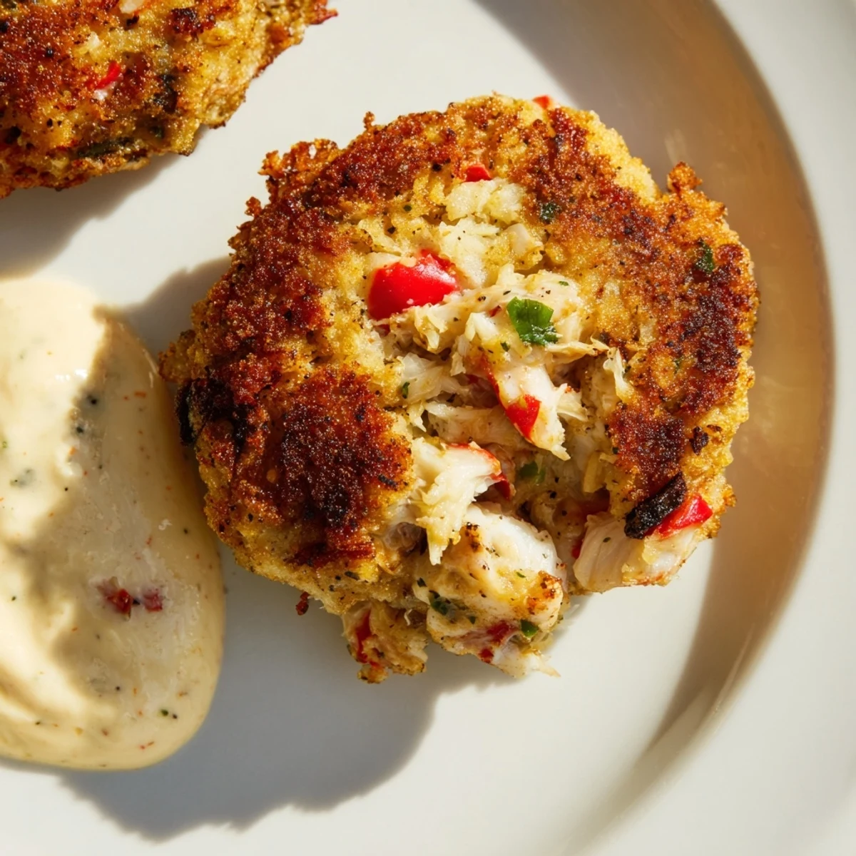 Golden, crispy Cajun Crab Cakes with Remoulade Sauce are garnished with fresh parsley and served alongside lemon wedges on a rustic plate.  