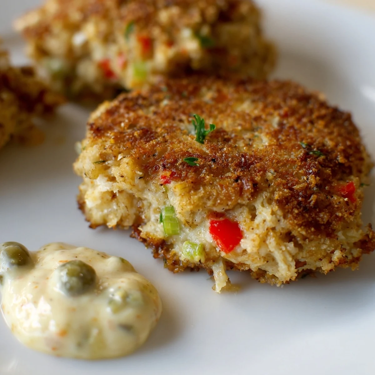 Plated Cajun Crab Cakes with Remoulade Sauce are ready to be enjoyed as a delicious appetizer or main course.