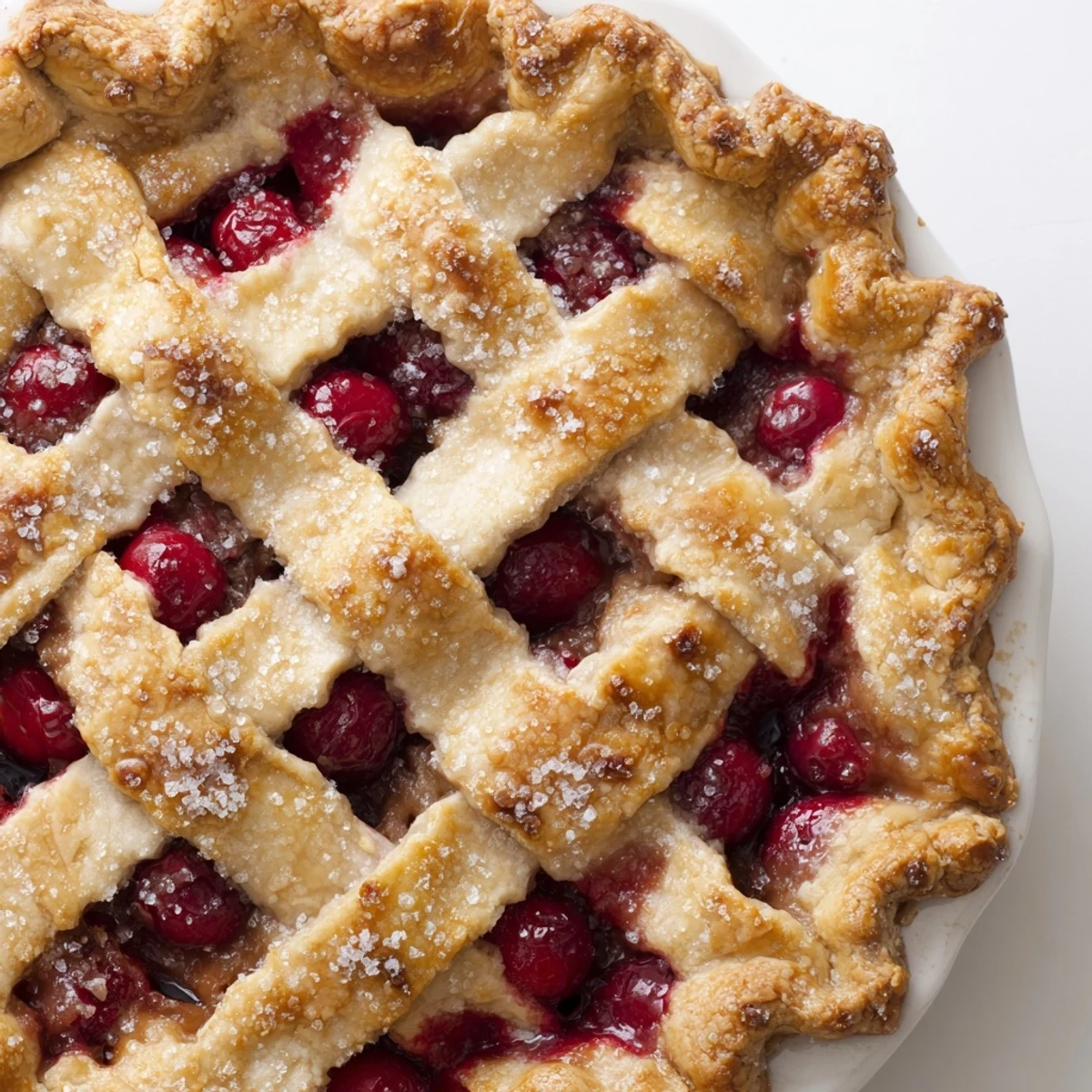 Golden lattice crust glistens with coarse sugar on this classic homemade cherry pie, with juicy red filling bubbling through the weave.