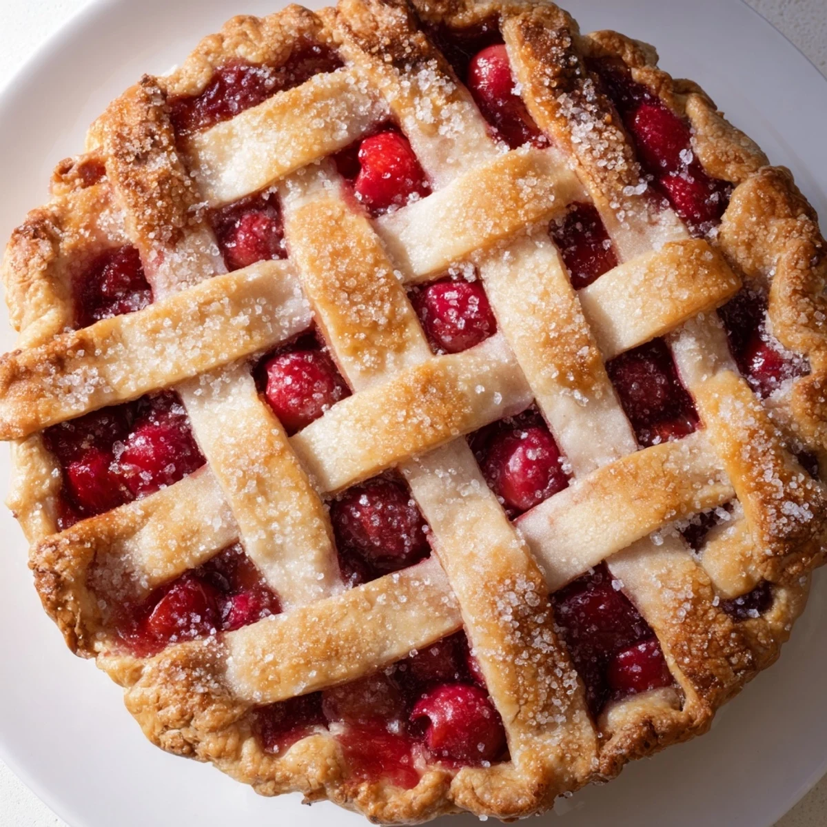 A freshly baked Cherry Pie with Lattice Crust reveals ruby-red cherry filling and a flaky, buttery top dusted in sparkling sugar.