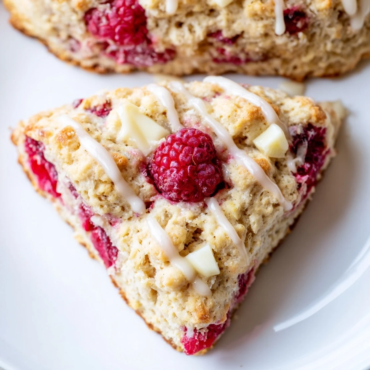 Freshly baked Raspberry White Chocolate Scones drizzled with sweet glaze, served warm on a rustic plate.
