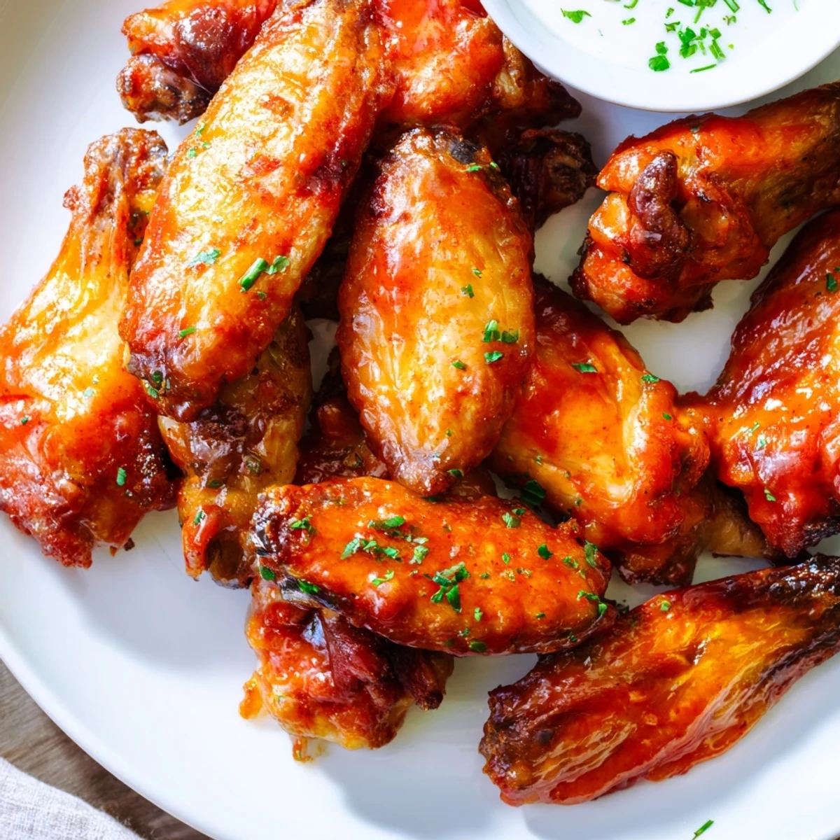 Crispy golden Spicy Chicken Wings with Ranch Dressing glisten with fiery orange sauce and creamy dip on a rustic platter.