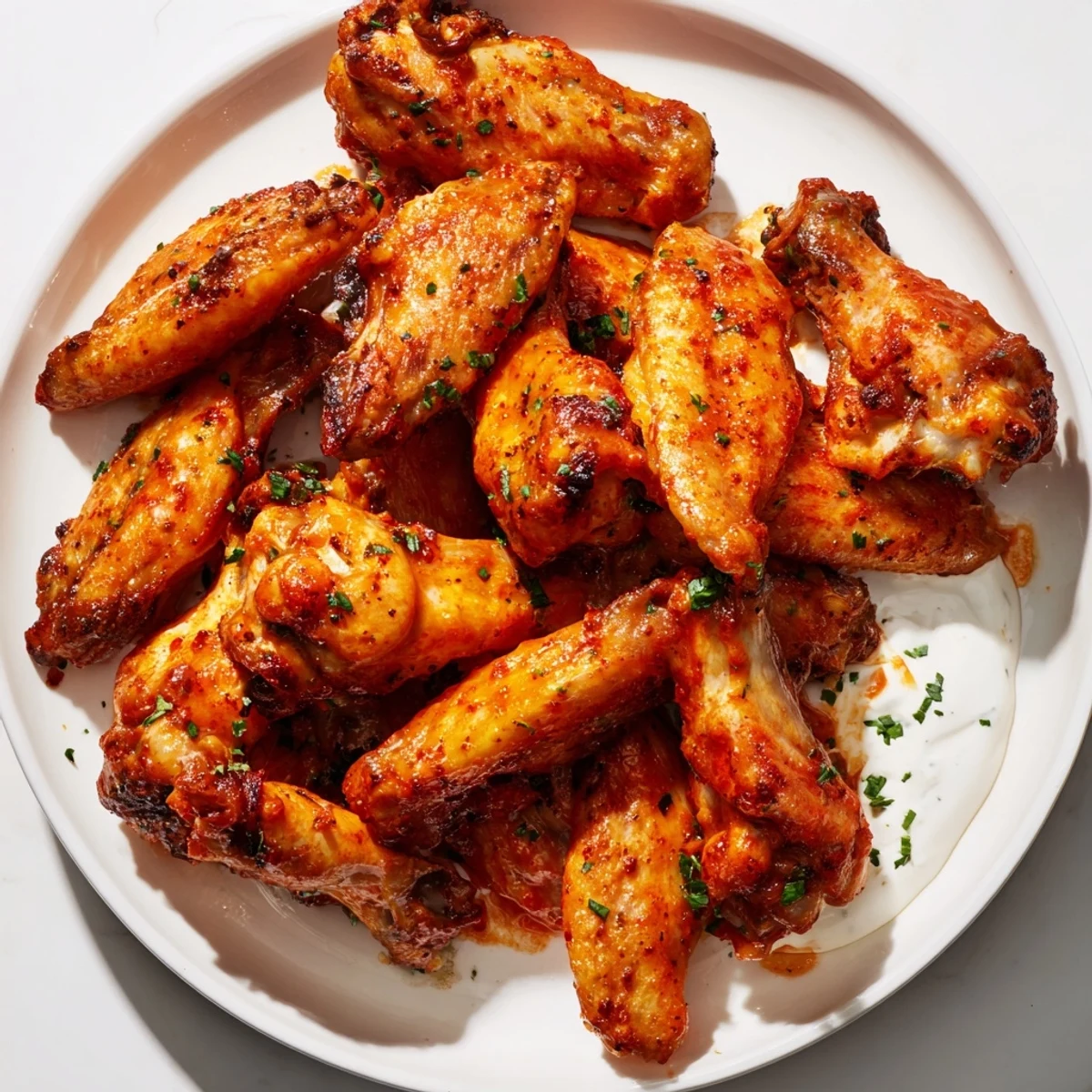 Spicy Chicken Wings with Ranch Dressing on a wooden board with fresh herbs and creamy dip, inviting American appetizer.