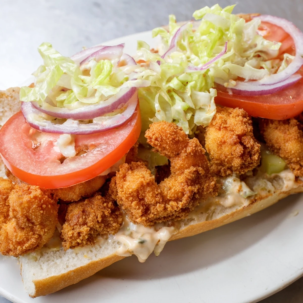 Savory Mardi Gras Shrimp Po Boy, featuring Cajun-seasoned shrimp and vibrant pickles on a toasted New Orleans-style baguette.