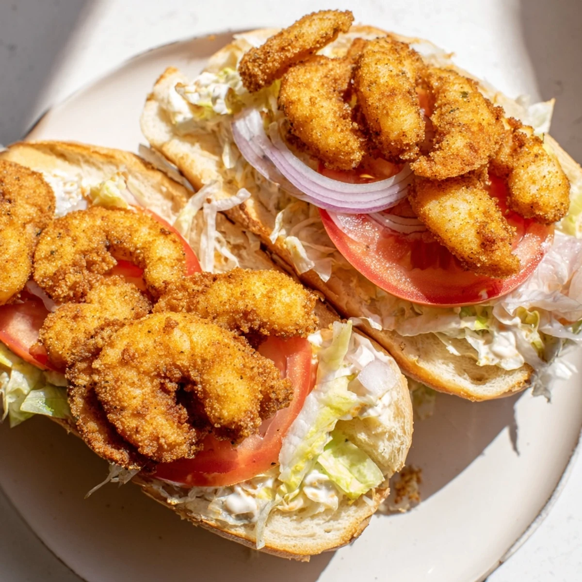 Golden fried shrimp piled high on a crusty baguette, drizzled with creamy remoulade, crisp lettuce, and juicy tomato slices.