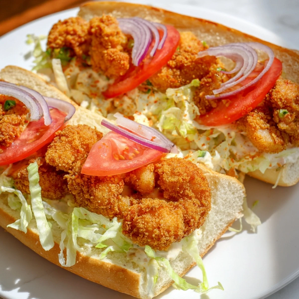 Close-up of a golden Mardi Gras Shrimp Po Boy, garnished with fresh parsley and served alongside Cajun fries.