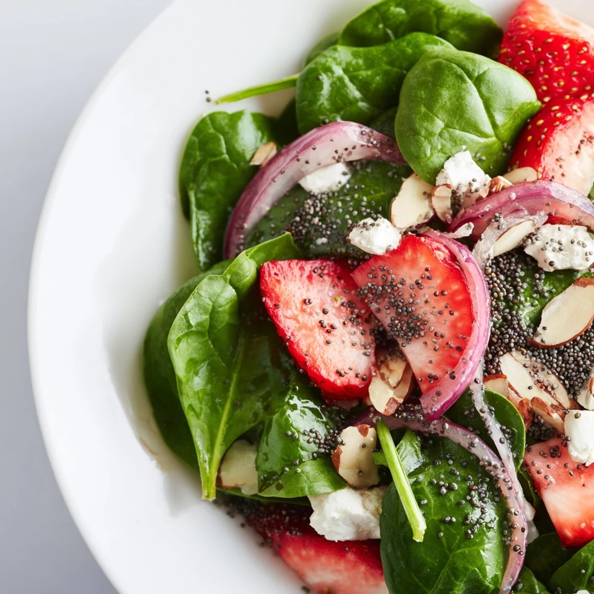A close-up view of a colorful strawberry spinach salad with poppy seed dressing, ready to serve on a bright spring day.